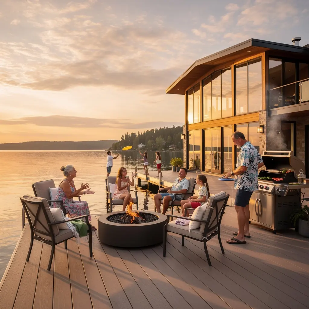 Кухня с современным оборудованием и видом на озеро.