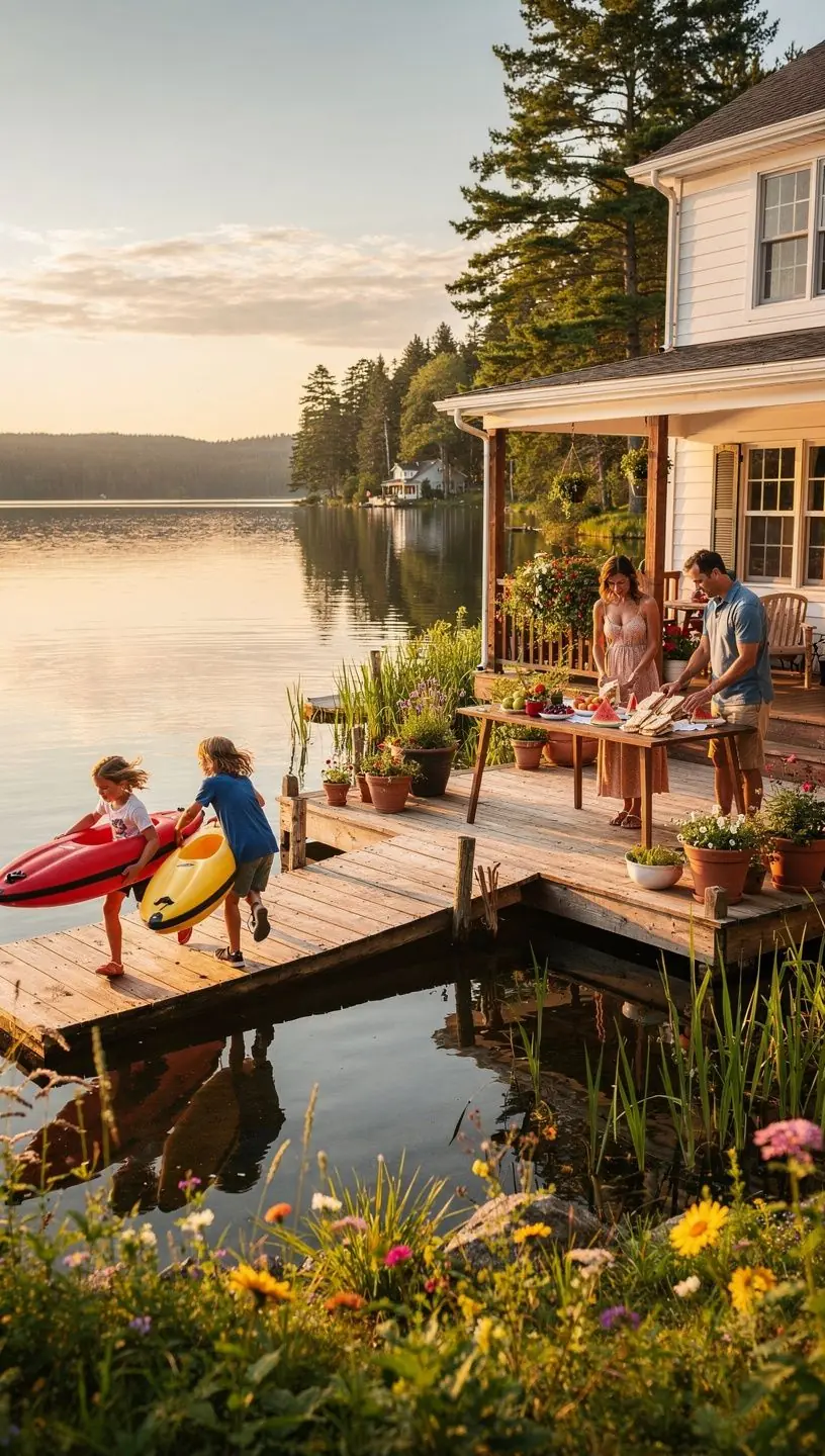 Спальня с большими окнами и видом на озеро.