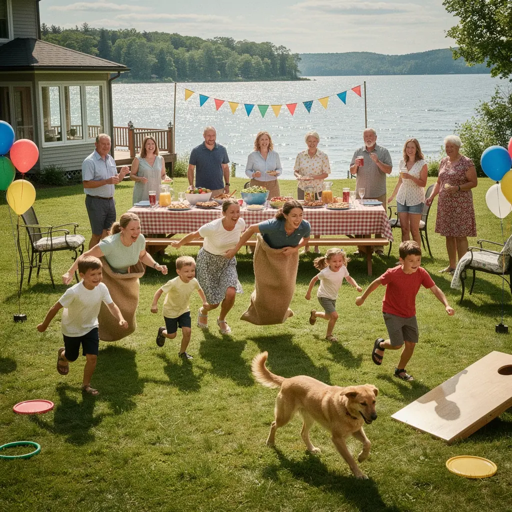 Уютная гостиная с большими окнами, откуда открывается панорамный вид на озеро.