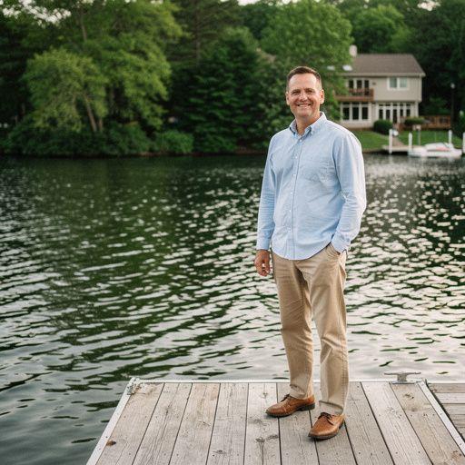 Дом на берегу озера с панорамным видом на воду.